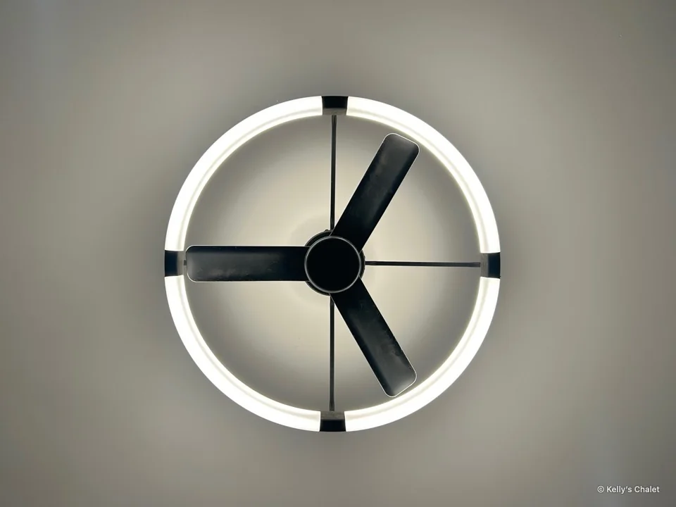 A black ceiling fan surrounded by a circular light