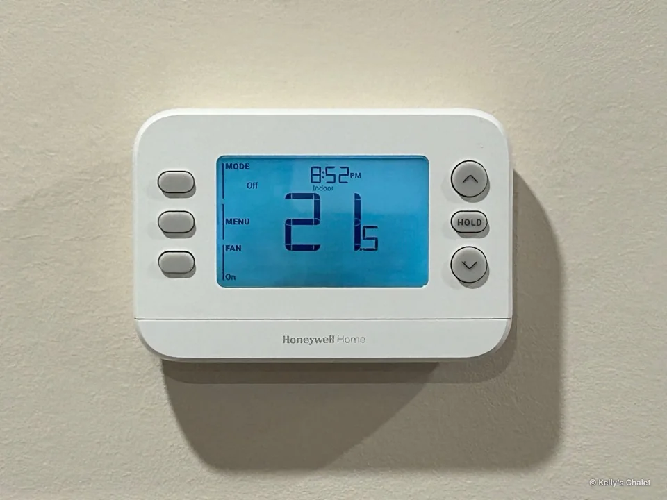The chalet’s wall mounted thermostat