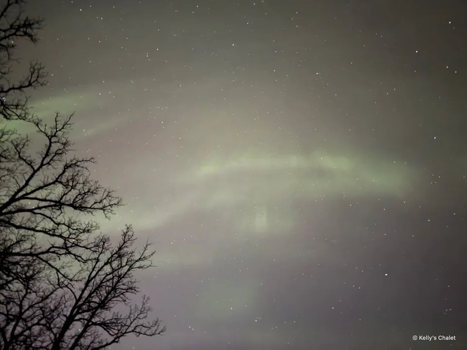 A low green aurora arc above tree silhouettes in the Grand Beach area, photographed away from Kelly’s Chalet