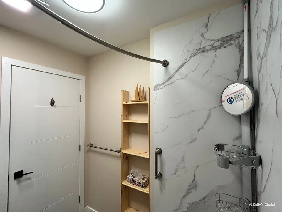Marble pattern shower wall, shelving and washroom door
