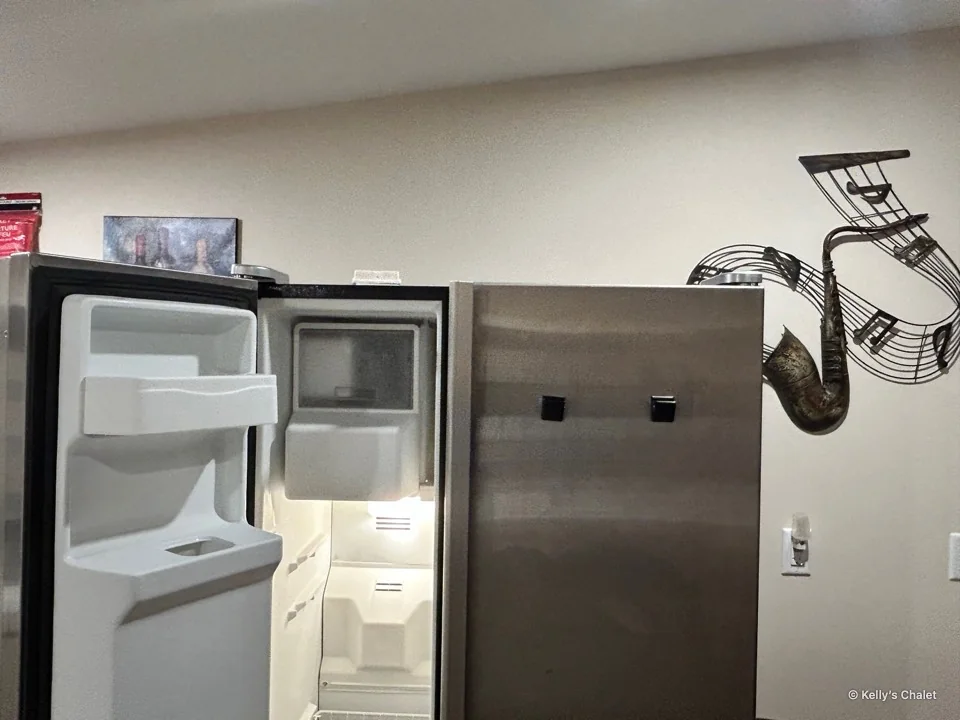 Open refrigerator in the chalet kitchen