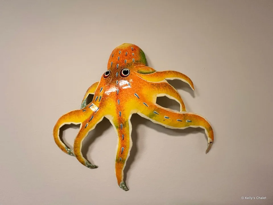 Orange octopus artwork in the chalet washroom