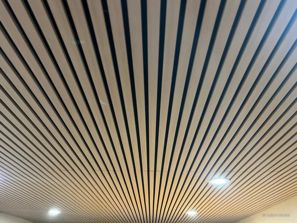 Parallel timber ceiling slats and recessed lights in the main bedroom