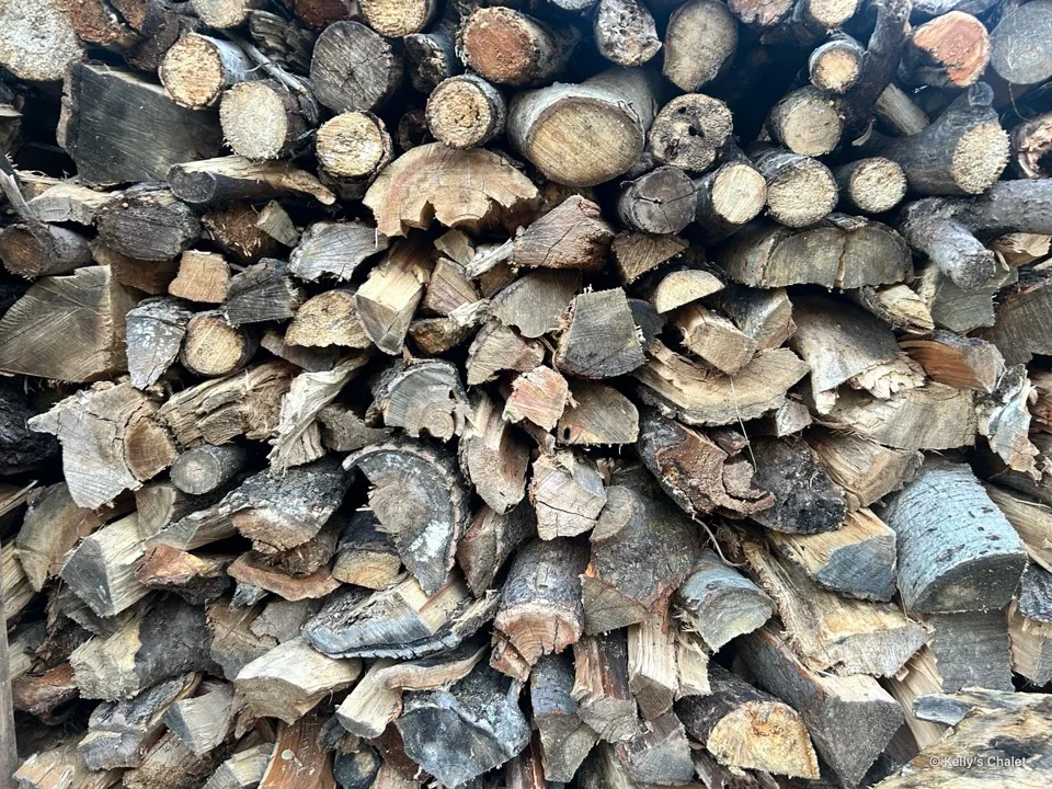 Round log ends in a stack of chalet firewood