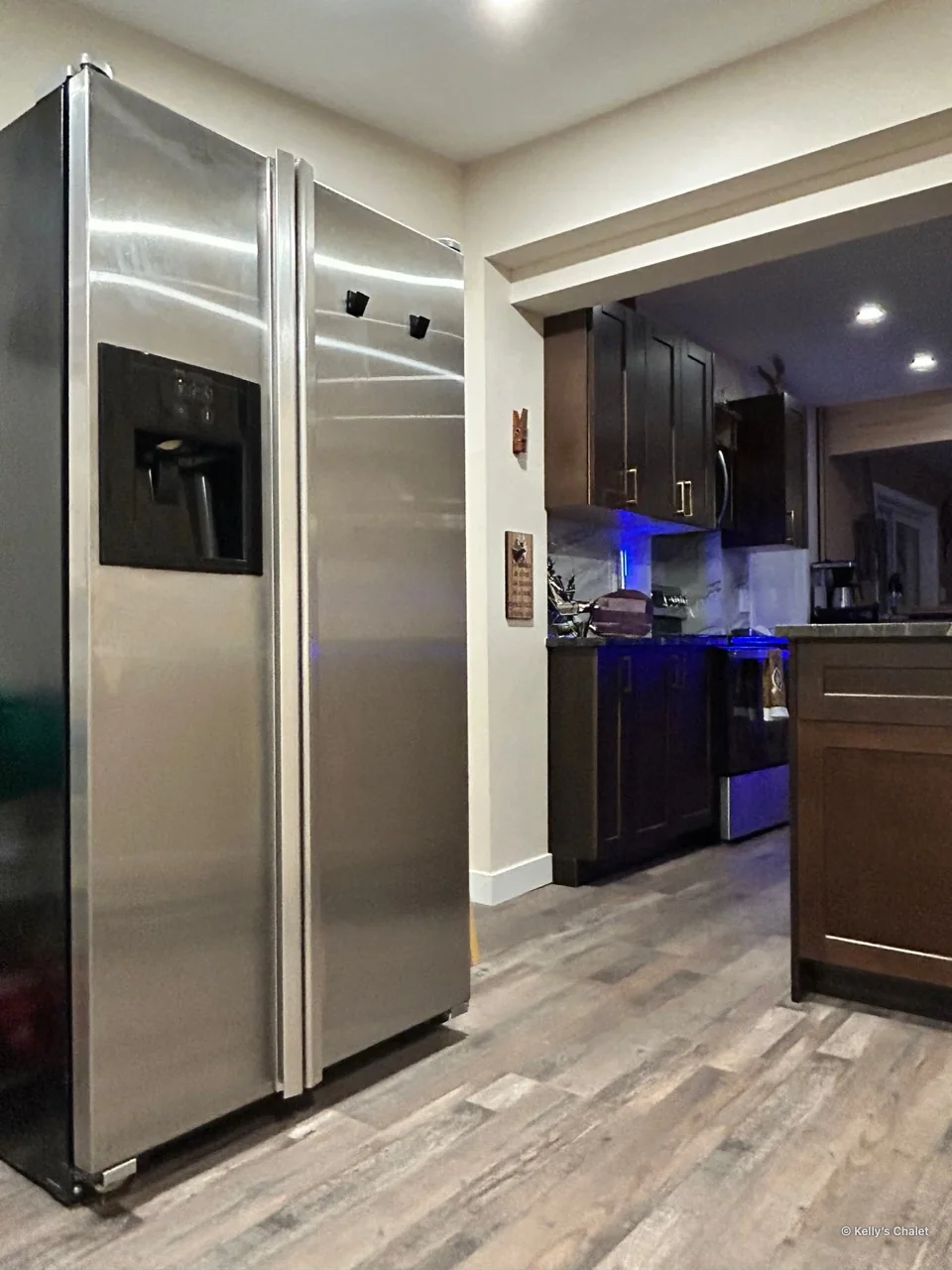 Stainless steel refrigerator beside the chalet kitchen