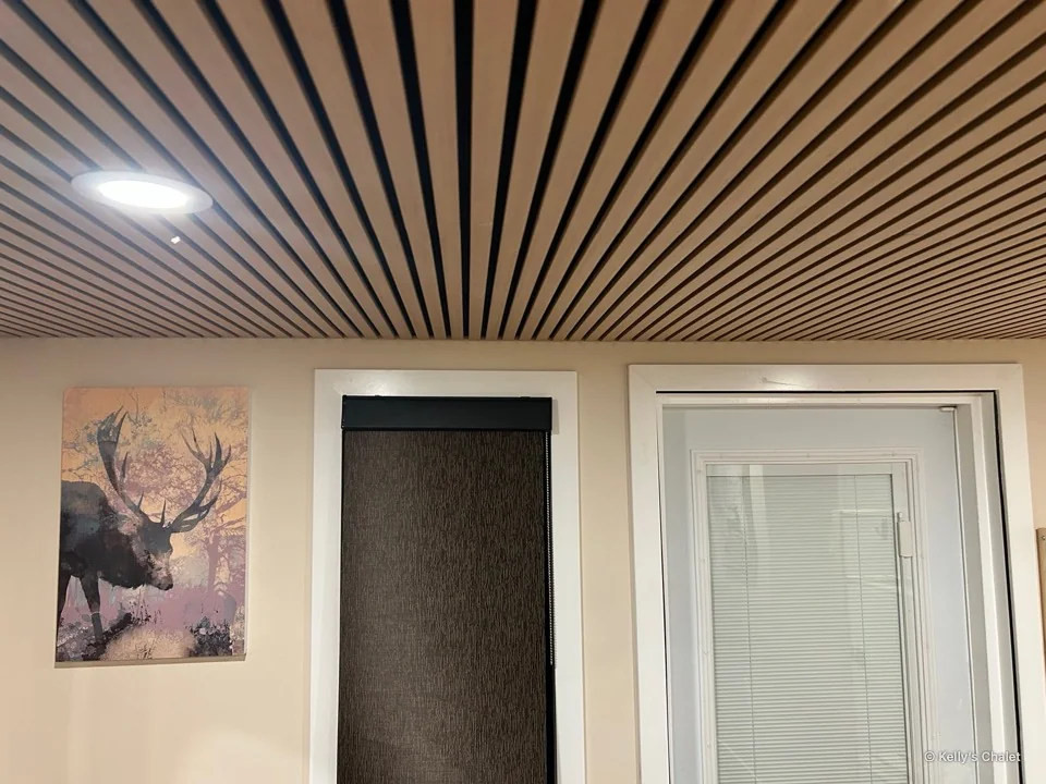 Timber ceiling, framed artwork, window and door in the main bedroom
